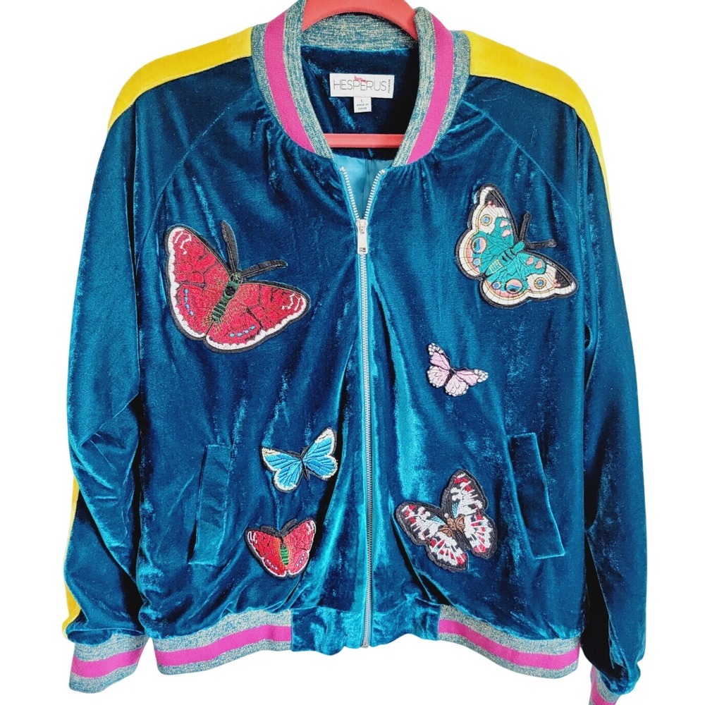 Hesperus L Butterflies Aqua Bomber Jacket Women‎ Velvet 1980's Style Cuff Slv